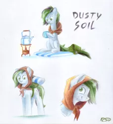 Size: 2343x2571 | Tagged: safe, artist:rsd500, derpibooru import, oc, oc:dusty soil, art trade, bag, cup, green eyes, image, kettle, looking at you, looking up, png, reference sheet, saddle bag, simple background, teacup, traditional art, white background