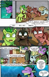 Size: 711x1124 | Tagged: safe, artist:candyclumsy, derpibooru import, spike, griffin oc, oc, earth pony, gryphon, pony, unicorn, comic:revolution of harmony, colt, earth pony oc, horn, image, jpeg, laughing, male, older, older spike, scared, unicorn oc