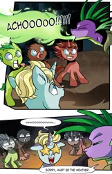 Size: 1280x1980 | Tagged: safe, artist:candyclumsy, derpibooru import, spike, starry eyed, griffin oc, oc, dragon, earth pony, gryphon, pony, unicorn, comic:revolution of harmony, colt, earth pony oc, fire sneeze, horn, image, impressed, jpeg, male, scared, unicorn oc