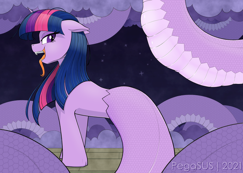 Size: 1400x1000 | Tagged: suggestive, alternate version, artist:suspega, derpibooru import, twilight sparkle, lamia, original species, pony, bulges, cloud, constellation, derpibooru exclusive, echidna wars dx, fangs, female, floppy ears, image, impossibly long tail, lamiafied, long tail, night, night sky, ouroboros (echidna wars dx), png, reference, sky, smiling, snake tail, species swap, tail bulge, tongue out, twilamia, twipred, video game, vore