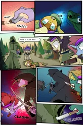 Size: 1800x2740 | Tagged: grimdark, artist:candyclumsy, derpibooru import, spike, oc, earth pony, pegasus, pony, unicorn, comic:revolution of harmony, blood, cloak, clothes, comic, death, fight, hood, image, png, spear, stab, sword, sword fight, throwing, weapon