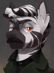 Size: 509x686 | Tagged: safe, artist:cadillacdynamite, derpibooru import, oc, unofficial characters only, zebra, equestria at war mod, bust, clothes, ear fluff, facial hair, image, male, moustache, orange eyes, png, portrait, suit, zebra oc