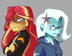 Size: 1380x1080 | Tagged: safe, artist:beefgummies, artist:fatjelyfish, derpibooru import, sunset shimmer, trixie, equestria girls, friendship games, aggie.io, angry, clothes, cross-popping veins, crossed arms, duo, female, freckles, fringe, gray background, hairpin, image, jacket, looking at each other, peppered bacon, png, simple background