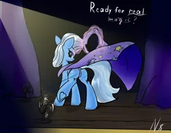 Size: 8104x6312 | Tagged: suggestive, artist:wandering nate, derpibooru import, trixie, pony, unicorn, butt, cape, clothes, dialogue, dock, fan, featureless crotch, female, glowing horn, hat, horn, image, levitation, looking at you, looking back, looking back at you, magic, mare, plot, png, raised hoof, smiling, solo, solo female, stage, telekinesis, the great and powerful ass, trixie's cape, trixie's hat, underhoof