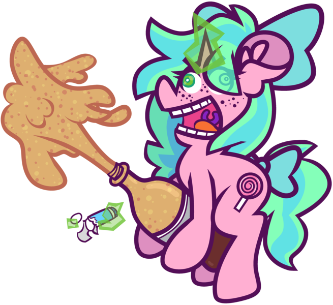 Size: 4592x4208 | Tagged: safe, artist:threetwotwo32232, derpibooru import, oc, oc:lily pop, pony, unicorn, angry, bursting, coke, derp, drink, female, freckles, image, mare, mentos, png, simple background, soda, solo, transparent background, yelling