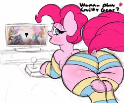 Size: 2048x1707 | Tagged: suggestive, artist:nozukz, color edit, derpibooru import, edit, editor:datzigga, pinkie pie, earth pony, pony, arcade stick, arm warmers, balloonbutt, bed, bedroom eyes, blushing, butt, clothes, colored, dialogue, dock, female, fight stick, guilty gear, image, jpeg, lying down, mare, monitor, panties, partial color, prone, socks, solo, solo female, striped panties, striped socks, underwear