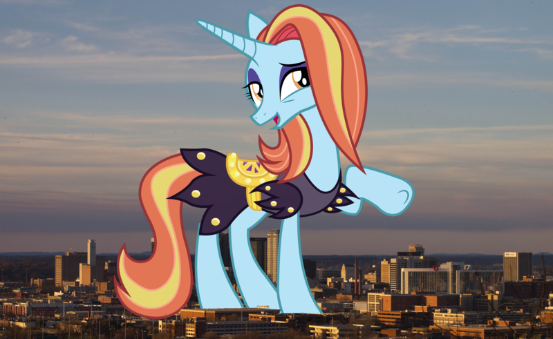 Size: 2728x1673 | Tagged: safe, artist:koolfrood, derpibooru import, sassy saddles, pony, unicorn, alabama, birmingham, female, giant pony, giant unicorn, giantess, highrise ponies, image, irl, macro, mare, mega giant, photo, png, ponies in real life