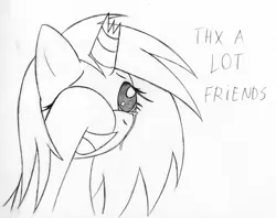 Size: 500x395 | Tagged: safe, artist:srmario, derpibooru import, oc, unofficial characters only, pony, unicorn, :d, broken horn, crying, eyelashes, female, horn, image, lineart, mare, monochrome, open mouth, png, simple background, smiling, solo, talking, tears of joy, unicorn oc, white background, wiping tears