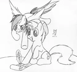 Size: 500x466 | Tagged: safe, artist:srmario, derpibooru import, rainbow dash, oc, pegasus, pony, unicorn, confused, flying, glowing horn, hat, horn, image, lineart, magic, monochrome, png, quill, scroll, simple background, smiling, telekinesis, underhoof, unicorn oc, white background, wings