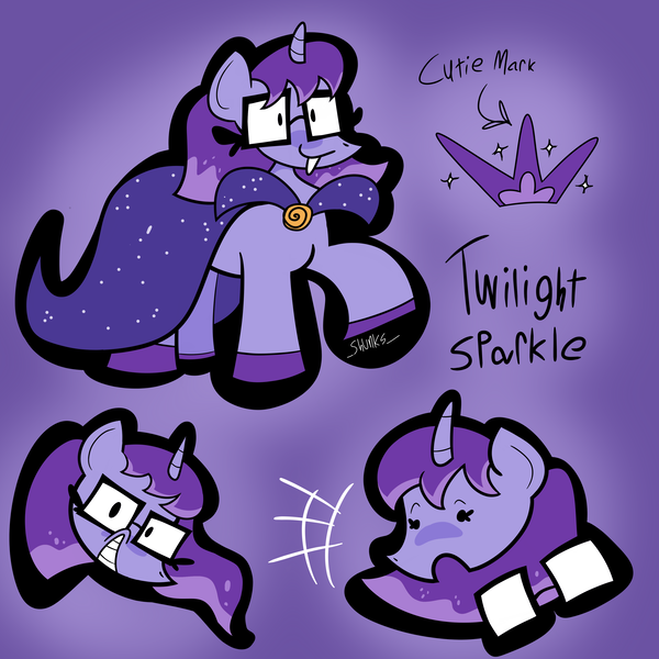 Size: 4000x4000 | Tagged: safe, artist:shunks, derpibooru import, twilight sparkle, pony, unicorn, cape, character design, character development, clothes, colored hooves, concept art, cutie mark, glasses, glasses off, image, lineart, looking at you, nerd, png, purple mane, redesign, simple background, smug, solo, surprised, unicorn twilight