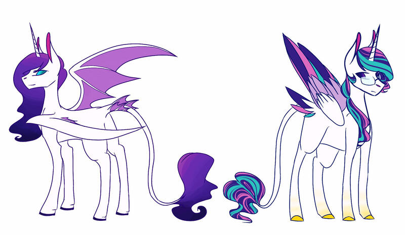 Size: 1994x1160 | Tagged: safe, artist:artfestation, derpibooru import, oc, unofficial characters only, alicorn, bat pony, pony, bat pony oc, bat wings, duo, female, glasses, image, jpeg, leonine tail, magical lesbian spawn, mare, offspring, parent:princess celestia, parent:princess luna, parent:rarity, parent:twilight sparkle, parents:rariluna, parents:twilestia, simple background, white background, wings