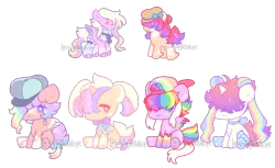 Size: 900x550 | Tagged: safe, artist:lavvythejackalope, derpibooru import, oc, unofficial characters only, pegasus, pony, unicorn, backwards ballcap, baseball cap, cap, chibi, choker, ethereal mane, hair over eyes, hat, horn, image, multicolored hair, pegasus oc, png, rainbow hair, simple background, sitting, starry mane, transparent background, unicorn oc, wings