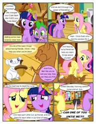 Size: 612x792 | Tagged: safe, artist:newbiespud, derpibooru import, edit, edited screencap, screencap, fluttershy, spike, twilight sparkle, dragon, mouse, pegasus, pony, squirrel, unicorn, comic:friendship is dragons, magical mystery cure, a true true friend, comic, element of kindness, element of magic, female, fluttershy's cottage, image, male, mare, open mouth, png, screencap comic, speech bubble, unicorn twilight
