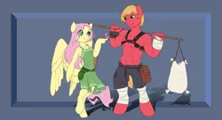 Size: 2400x1301 | Tagged: safe, artist:joan-grace, derpibooru import, edit, big macintosh, fluttershy, anthro, butterfly, earth pony, insect, pegasus, pony, unguligrade anthro, abs, abstract background, alternate universe, bare chest, blushing, bucket, carrying pole, clothes, dress, female, fluttermac, great macintosh, hoof hands, image, leg wrapping, looking at each other, male, mare, muscles, muscular male, pecs, png, sack, shipping, smiling, smiling at each other, stallion, straight, weight lifting
