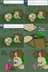 Size: 1302x1954 | Tagged: safe, artist:toadstool-prancer, derpibooru import, doctor whooves, time turner, oc, oc:tantamount, earth pony, pony, bag, disguise, disguised changeling, flower, green face, image, male, png, saddle bag, shivering, sniffing, solo, solo male, tantamount time turner, wavy mouth