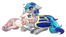Size: 376x214 | Tagged: safe, artist:inspiredpixels, derpibooru import, oc, unofficial characters only, pony, unicorn, bat wings, blushing, duo, floating heart, floppy ears, heart, image, oc x oc, png, shipping, simple background, transparent background, wings