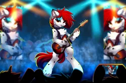 Size: 5040x3333 | Tagged: safe, artist:airiniblock, derpibooru import, oc, oc:cobalt, unofficial characters only, earth pony, pony, bipedal, black spots, earth pony oc, female, guitar, image, musical instrument, png, rcf community, rock, solo