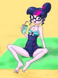 Size: 747x997 | Tagged: safe, artist:xjleiu, derpibooru import, sci-twi, twilight sparkle, equestria girls, equestria girls series, forgotten friendship, barefoot, beach towel, breasts, cleavage, clothes, drink, feet, glasses, hair bun, image, jpeg, one-piece swimsuit, sci-twi swimsuit, solo, swimsuit, towel, wiggling toes