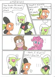 Size: 1280x1805 | Tagged: safe, artist:cmara, derpibooru import, pinkie pie, alien, earth pony, human, pony, comic, crossover, gravity falls, image, jpeg, lord dominator, mabel pines, makeup, running makeup, speech bubble, wander (wander over yonder), wander over yonder