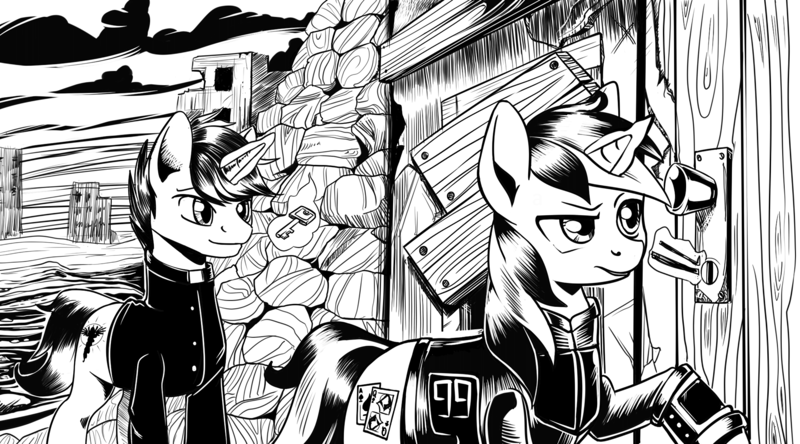 Size: 4256x2364 | Tagged: safe, artist:lexx2dot0, derpibooru import, oc, oc:blackjack, oc:priest, alicorn, pony, unicorn, fallout equestria, fallout equestria: project horizons, black and white, book, comic, duo, fanfic art, grayscale, horn, image, key, levitation, lockpicking, magic, monochrome, png, small horn, telekinesis