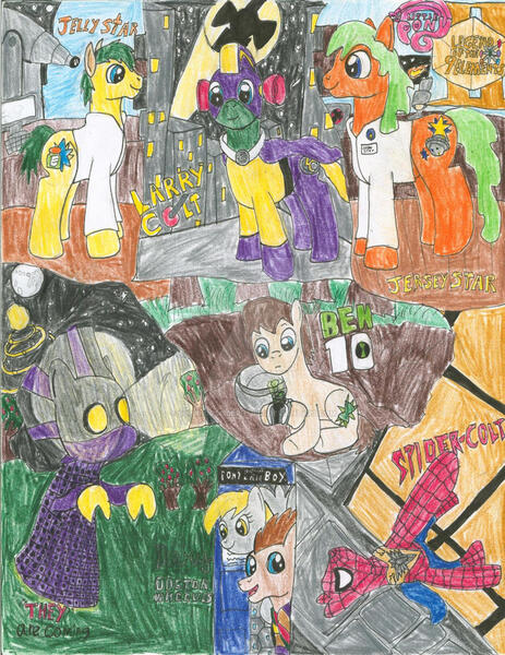 Size: 1024x1326 | Tagged: safe, artist:superiorspider-pup45, derpibooru import, ponified, pony, ben 10, doctor who, image, jpeg, larryboy, spider-man, traditional art, veggietales