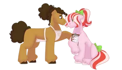 Size: 1280x732 | Tagged: safe, artist:itstechtock, derpibooru import, oc, unofficial characters only, pony, apron, bow, clipboard, clothes, female, image, male, mare, png, simple background, stallion, tail bow, transparent background