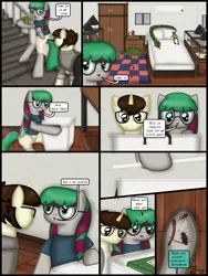 Size: 1750x2333 | Tagged: safe, artist:99999999000, derpibooru import, oc, oc:cwe, oc:li anna, unofficial characters only, cockroach, dinosaur, frog, insect, pegasus, pony, snake, stegosaurus, comic:visit, clothes, comic, cricket, doll, female, food, glasses, image, larva, male, png, sports, toy, vegetables