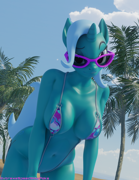 Size: 2700x3500 | Tagged: suggestive, artist:extremespeed slowpoke, derpibooru import, oc, oc:hazel lulamoon, anthro, pony, unicorn, 3d, absolute cleavage, absurd resolution, belly button, bikini, blender, breasts, cleavage, clothes, cloud, cutie mark, eyebrows, eyelashes, female, horn, image, mare, palm tree, png, raised eyebrow, revamped anthros, seductive, seductive look, seductive pose, sling bikini, string bikini, swimsuit, tree, watermark