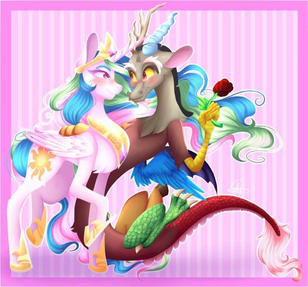 Size: 605x565 | Tagged: safe, artist:shibachichi, derpibooru import, discord, princess celestia, alicorn, draconequus, pony, blushing, box, dislestia, female, flower, image, jpeg, looking at each other, male, pink background, rose, shipping, simple background, straight