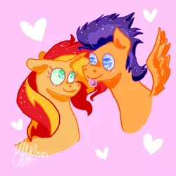 Size: 1280x1280 | Tagged: safe, artist:hippiecide, derpibooru import, flash sentry, sunset shimmer, pegasus, unicorn, female, flashimmer, heart, image, male, png, shipping, straight, tongue out