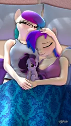 Size: 1080x1920 | Tagged: safe, artist:anthroponiessfm, derpibooru import, oc, oc:aurora starling, oc:inkwell stylus, oc:raven storm, anthro, 3d, bed, blushing, breasts, clothes, cuddling, cute, daaaaaaaaaaaw, eyes closed, female, glasses, head pat, holding hands, holding head, image, pat, plushie, png, source filmmaker, wholesome