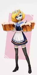 Size: 2826x5698 | Tagged: safe, artist:mrscroup, derpibooru import, oc, oc:floots van oranje, anthro, alcohol, apron, beer, blushing, clothes, crown, cute, high heels, image, jewelry, jpeg, maid, regalia, sailor, shoes, skirt, tights