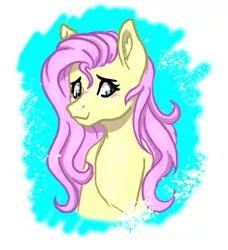Size: 737x809 | Tagged: safe, artist:delfinaluther, derpibooru import, fluttershy, pony, abstract background, blushing, bust, ear fluff, female, image, looking at you, mare, png, portrait, smiling, solo, stray strand, three quarter view