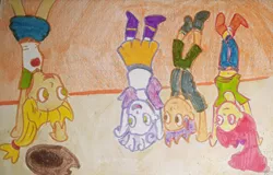 Size: 1280x819 | Tagged: safe, artist:dex stewart, derpibooru import, apple bloom, applejack, scootaloo, sweetie belle, human, equestria girls, headstand, image, jpeg, traditional art