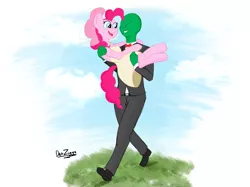 Size: 4098x3072 | Tagged: safe, artist:datzigga, derpibooru import, pinkie pie, oc, oc:anon, earth pony, human, pony, bridal carry, carrying, clothes, crying, cute, diapinkes, dress, image, marriage, married, newlywed, png, tears of joy, tuxedo, wedding dress, wedding veil