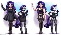 Size: 4300x2500 | Tagged: suggestive, artist:king-kakapo, derpibooru import, rarity, anthro, human, unguligrade anthro, unicorn, abstract background, black dress, bra, clothes, collar, dress, gradient background, humanized, image, jewelry, lingerie, necklace, panties, png, self ponidox, socks, solo, stockings, thigh highs, underwear