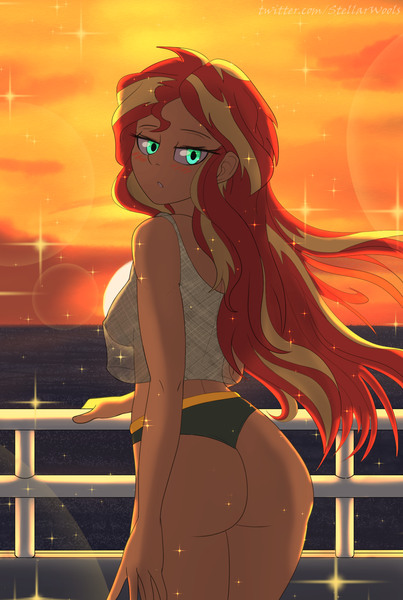 Size: 1217x1814 | Tagged: questionable, artist:stellarwools, derpibooru import, sunset shimmer, twilight sparkle, human, equestria girls, ass, beautiful eyes, beautiful hair, blushing, bunset shimmer, butt, clothes, female, image, looking at you, outdoors, png, sexy, stupid sexy sunset shimmer, underwear