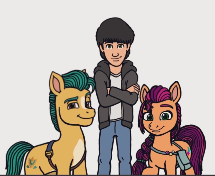 Size: 1024x838 | Tagged: safe, artist:jmantheangel, derpibooru import, hitch trailblazer, sunny starscout, oc, oc:j-man, earth pony, human, pony, do not steal, female, g5, human male, image, jpeg, male, mare, next generation, stallion