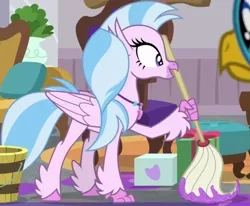Size: 1011x834 | Tagged: safe, derpibooru import, screencap, gallus, silverstream, classical hippogriff, hippogriff, season 8, the hearth's warming club, spoiler:s08, bucket, cropped, female, image, mop, png
