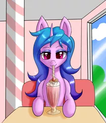 Size: 1200x1400 | Tagged: safe, artist:zachc, derpibooru import, izzy moonbow, pony, unicorn, cherry, cloud, cute, drink, drinking, female, food, g5, image, izzybetes, looking at you, mare, milkshake, png, sitting, sky, solo, table, window
