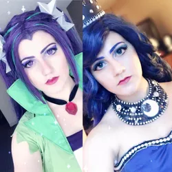 Size: 960x960 | Tagged: safe, artist:sarahndipity cosplay, derpibooru import, aria blaze, princess luna, human, equestria girls, rainbow rocks, clothes, cosplay, costume, facebook, image, irl, irl human, jpeg, photo