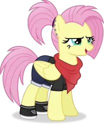 Size: 3856x4646 | Tagged: safe, artist:anime-equestria, derpibooru import, fluttershy, pegasus, pony, alternate hairstyle, bandana, clothes, ear piercing, female, image, mare, piercing, png, ponytail, shoes, simple background, solo, transparent background, vector, wings