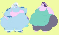 Size: 3360x1998 | Tagged: safe, artist:necrofeline, derpibooru import, starlight glimmer, trixie, equestria girls, belly, belly button, big belly, big breasts, bingo wings, breasts, chubby cheeks, clothes, double chin, fat, fat boobs, gritted teeth, huge belly, huge breasts, image, impossibly large belly, impossibly large thighs, magic, morbidly obese, neck roll, obese, open mouth, png, ripping clothes, rolls of fat, starlard glimmer, sweat, sweatdrops, the great and bountiful trixie, thighs, thunder thighs, weight gain, weight gain sequence