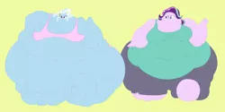Size: 3840x1920 | Tagged: safe, artist:necrofeline, derpibooru import, starlight glimmer, trixie, equestria girls, belly, big belly, big breasts, bingo wings, breasts, busty starlight glimmer, busty trixie, chubby cheeks, double chin, fat, fat boobs, huge belly, huge breasts, image, impossibly large belly, impossibly large thighs, magic, morbidly obese, neck roll, obese, png, rolls of fat, running, starlard glimmer, sweat, sweatdrops, the great and bountiful trixie, thighs, thunder thighs, walking, weight gain, weight gain sequence
