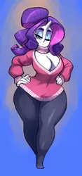 Size: 649x1387 | Tagged: suggestive, artist:bigdad, derpibooru import, rarity, human, breasts, busty rarity, cleavage, clothes, female, horn, horned humanization, humanized, image, jpeg, looking at you, one eye closed, pony coloring, scarf, smiling, solo, solo female, sweater, wink, winking at you