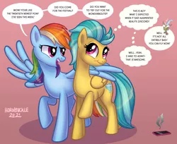 Size: 1270x1035 | Tagged: safe, artist:hornbuckle, derpibooru import, discord, rainbow dash, oc, draconequus, pegasus, pony, broken, dialogue, duo, duo female, female, hug, human to pony, image, jpeg, male, male to female, mare, mobile phone, offscreen character, open mouth, open smile, phone, raised hoof, reality shift, red background, rule 63, simple background, smiling, speech bubble, thought bubble, transformation, transformation sequence, transformed, transgender transformation, winghug, wings