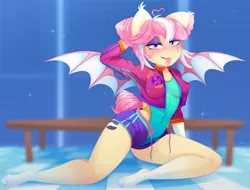 Size: 1750x1327 | Tagged: suggestive, alternate version, artist:spicyredfox, derpibooru import, oc, oc:sunset sorbet, unofficial characters only, anthro, bat pony, '90s, arm behind head, bat pony oc, bat wings, blushing, breasts, cameltoe, clothes, cutie mark, gym uniform, image, jacket, jpeg, leotard, locker room, looking at you, perky breasts, shorts, sitting on floor, solo, swimsuit, tongue out, unbuttoned, wings