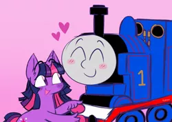 Size: 1024x726 | Tagged: safe, artist:sidruni, derpibooru import, twilight sparkle, blushing, crossover, crossover shipping, cute, heart, image, jpeg, shipping, smiling, thomas the tank engine, train, twitom