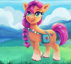 Size: 5004x4500 | Tagged: safe, artist:saphypone, derpibooru import, sunny starscout, earth pony, pony, absurd resolution, badge, bag, braid, cloud, coat markings, cute, female, g5, grass, image, mare, mountain, open mouth, png, sky, socks (coat marking), solo, sunnybetes, unshorn fetlocks