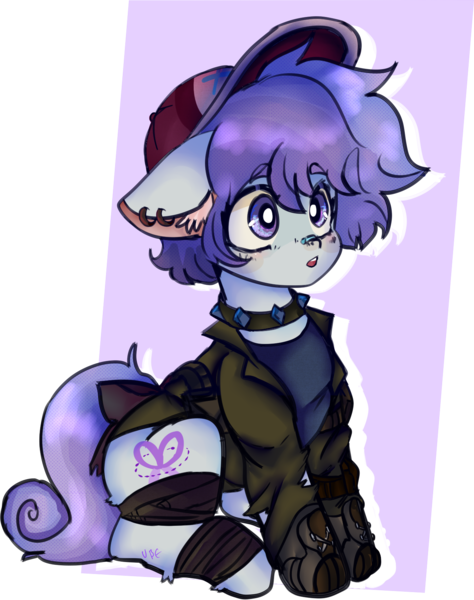Size: 1309x1657 | Tagged: safe, artist:ube, artist:ubebreb, derpibooru import, oc, oc:lilac snip, unofficial characters only, earth pony, ashes town, bandage, choker, clothes, collar, earth pony oc, hat, image, png, ribbon, simple background, spiked collar, tomboy